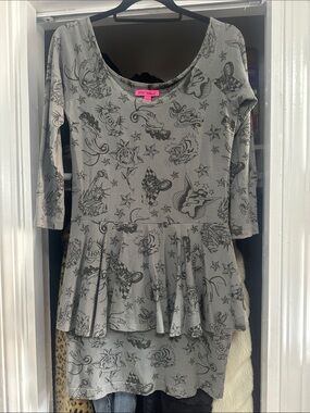 Vintage Betsey Johnson Gray Tattoo-Print Peplum Tunic Dress Large